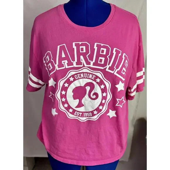 barbie hot pink graphic tee m retro logo sporty y2k dollcore barbiecore crop - Picture 2 of 4